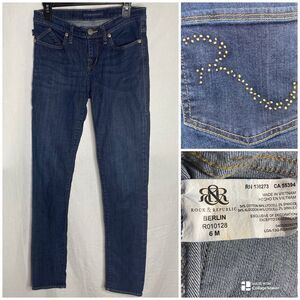 Rock & Republic Berlin Jeans Low Dark Rhinestone Skinny Denim Womens Sz 6 Blue
